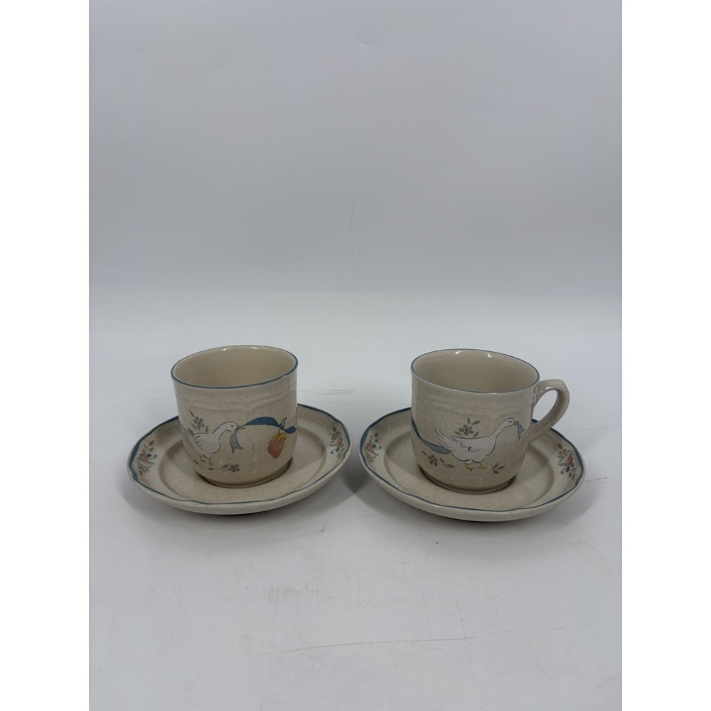 International Stoneware Marmalade Coffee Cup Saucer Geese Blue Ribbon Set Of 2